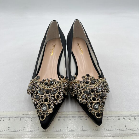 XYD Black Bejeweled Pointed Toe Kitten Low Heels Slip On Pumps Mother of Shoes - Picture 2 of 7